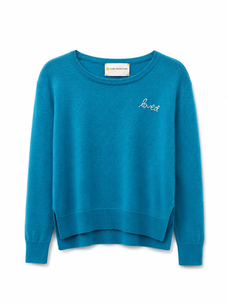 Kerri Rosenthal 100% Cashmere Loved Sweater Large Blue Embroidered Heart